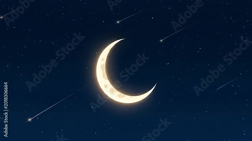 Beautiful Crescent Moon and Shooting Stars in the Night Sky.
