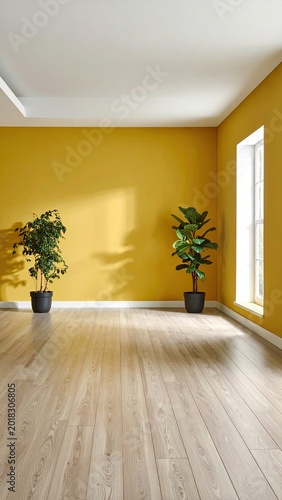 Sunny room with yellow walls, wooden floor, and two green potted plants