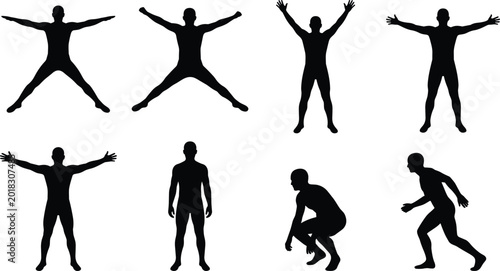 Foto Silhouette of Man in Various Dynamic Poses Including Jumping Jack Exercise Stret