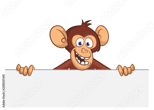 Photography Cartoon monkey chimpanzee holding blank empty white paper or placard for menu or greetings