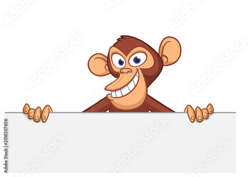 Photography Cartoon monkey chimpanzee holding blank empty white paper or placard for menu or greetings