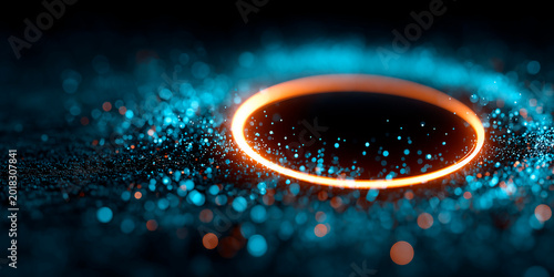 A glowing circular energy ring surrounded by digital particles illustrating secure data gateways and advanced technological transformation 