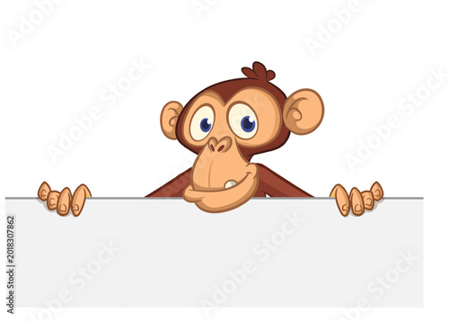 Photography Cartoon monkey chimpanzee holding blank empty white paper or placard for menu or greetings