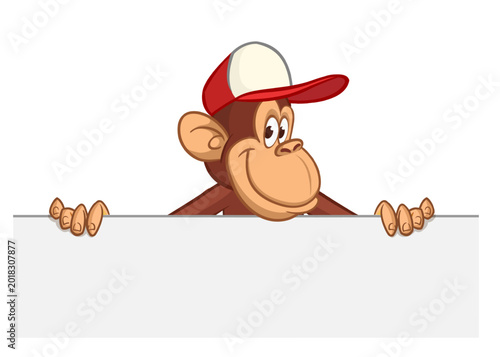 Photography Cartoon monkey chimpanzee holding blank empty white paper or placard for menu or greetings