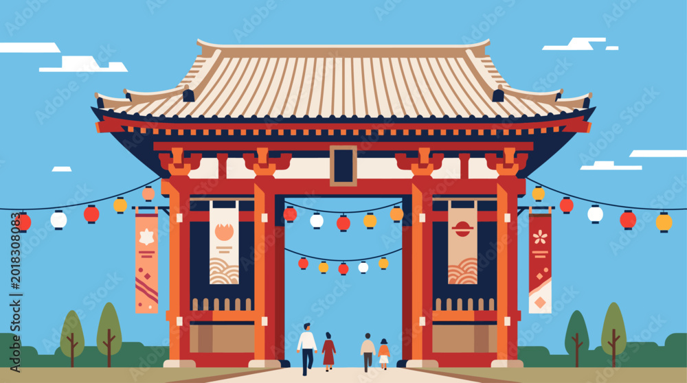 Fototapeta premium A striking flat design illustration of a traditional Japanese temple or shrine gate, decorated for the Obon Festival with lanterns and banners. 