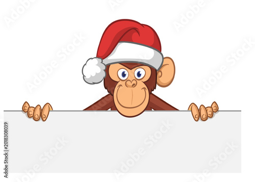 Photography Cartoon monkey chimpanzee holding blank empty white paper or placard for menu or greetings in Santa Hat