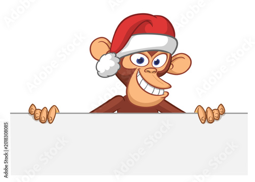 Canvas Print Cartoon monkey chimpanzee holding blank empty white paper or placard for menu or greetings in Santa Hat
