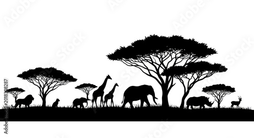 Photos A panoramic black silhouette illustration featuring various African savanna animals, including an elephant, giraffe, lion, and rhinoceros, standing under acacia trees