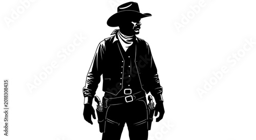 Fotografie Wild West Cowboy Gunslinger Silhouette with Revolvers, Vector Illustration