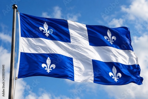 Stylized Waving Quebec Flag Graphic for Festive Events. Vibrant blue and white design perfect for Saint-Jean-Baptiste Day social media posts, posters, and French-Canadian festival announcements.