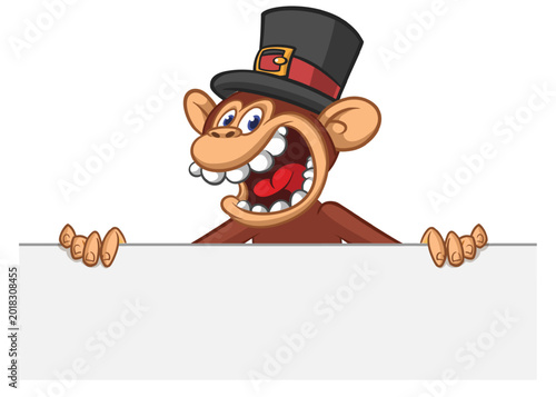 Photography Cartoon monkey chimpanzee in flat hat cylinder holding blank empty white paper or placard for menu