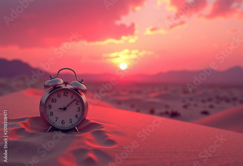 A vintage alarm clock with a white face and black numbers sits on a snowy surface, its hands pointing to 7:30. 