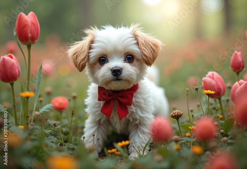 A small, fluffy white puppy with a red bow around its neck sits in a vibrant garden filled with pink tulips and yellow daisies.