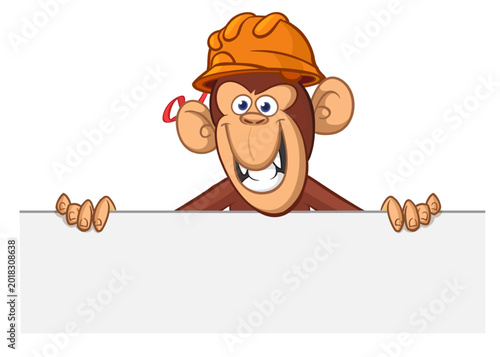 Photography Cartoon monkey chimpanzee holding blank empty white paper and helmet