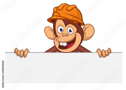 Photography Cartoon monkey chimpanzee holding blank empty white paper and helmet