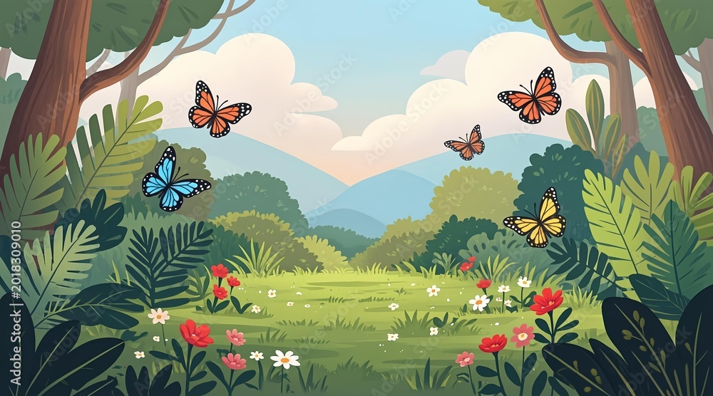 Obraz premium Vibrant Forest Clearing Illustration with Colorful Butterflies Amidst Lush Greenery and Blooming Flowers