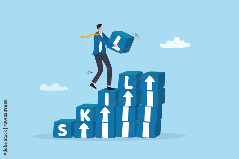 Obraz premium Upskill develop or learning new skills to success in work, career development, performance improvement, study knowledge or try new jobs, businessman develop or build upskill rising box stack.