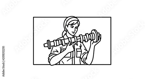 Woman Mechanic Holding Camshaft, Automotive Repair and Engineering Concept