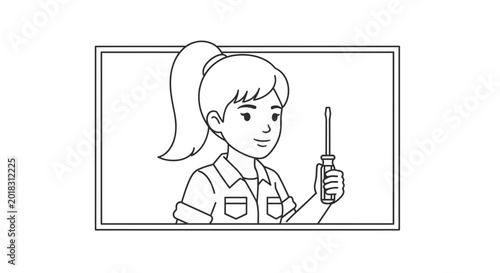 Woman holding screwdriver, cartoon illustration, DIY, repair, handywoman, female worker