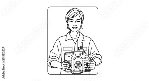 Woman Mechanic Holding Automotive Gearbox, Professional Repair Service, Skilled Technician