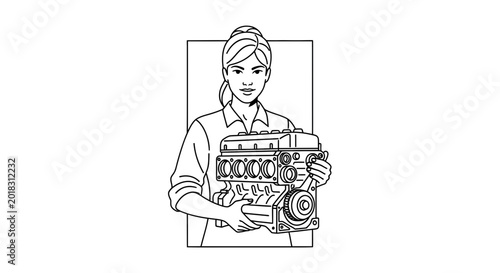 Woman Mechanic Holding Car Engine, Automotive Repair and Maintenance