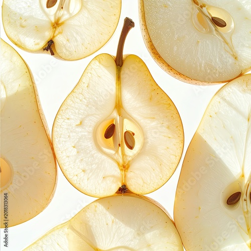 Sliced pears arranged on a white background, revealing translucence and seeds
