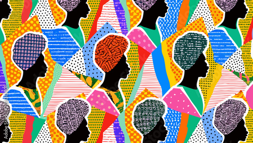 Photos Colorful pattern featuring silhouettes of diverse faces with varied backgrounds