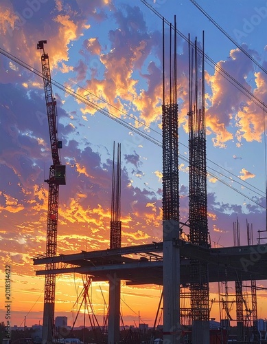 Towering construction site with crane silhouetted against a fiery sunset sky