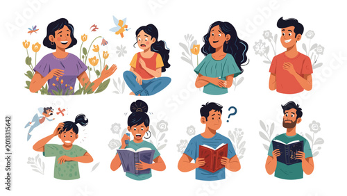 Slika na platnu A Spectrum of Emotions: Eight diverse individuals express a range of human emotions and activities, from joy and curiosity to thoughtfulness and surprise