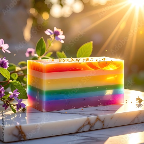 Translucent, layered rainbow soap bar with gold flecks on marble, bathed in sunlight