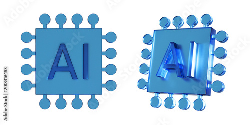 AIの文字が書かれた半導体のフラットなアイコンの3Dイラスト。透明感のある青いガラスのような質感のマーク。半透明なアクリルで切り出したようなクリアなアイコン。Clean-looking icons suitable for business and UI. Liquid glass