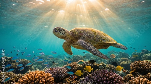 Photos Sea turtle swimming over vibrant coral reef in sunlit ocean