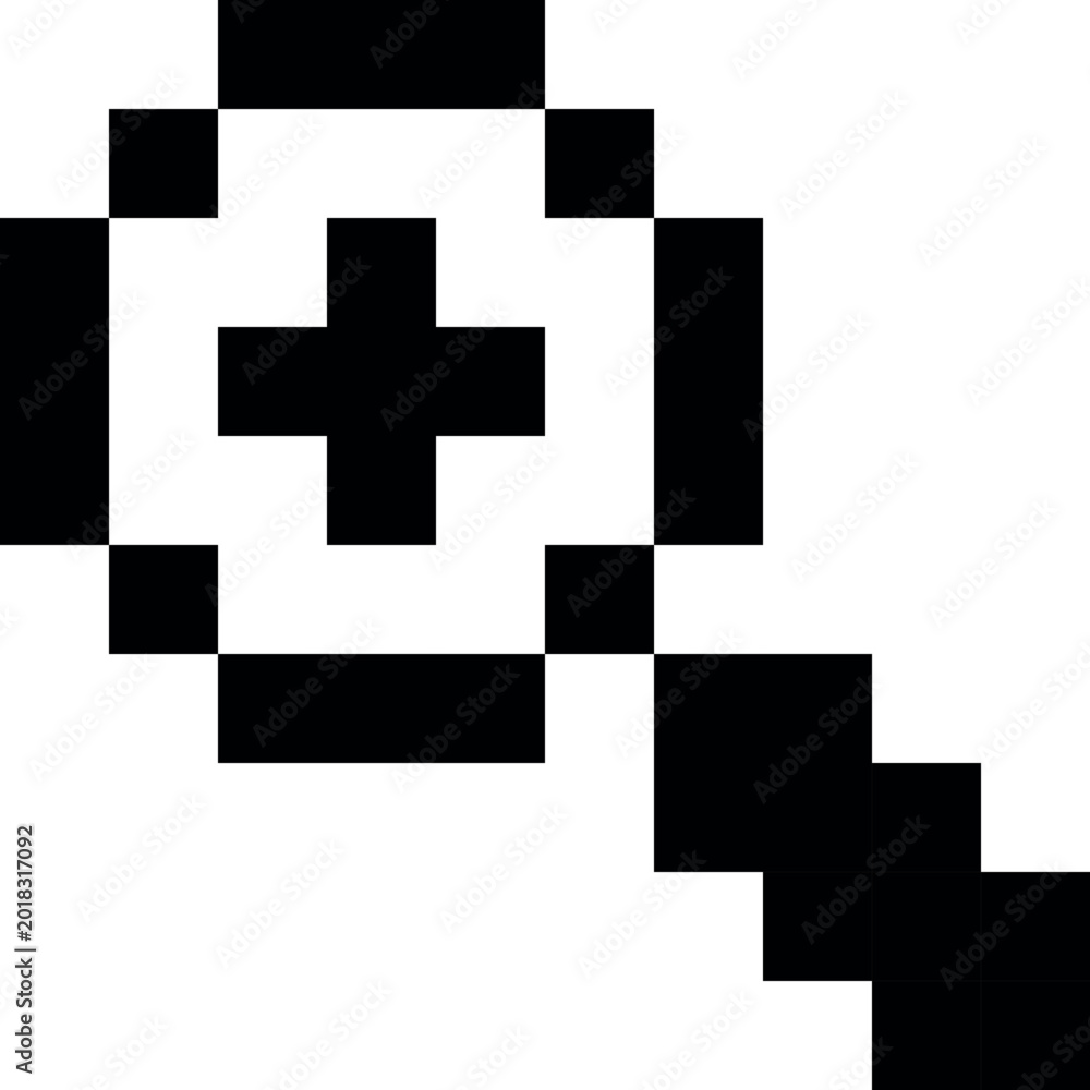 Obraz premium A black pixelated magnifying glass icon with a plus sign inside.