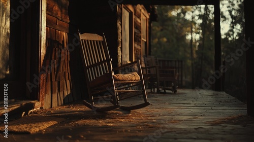 Rustic wooden rocking chair sits prominently on a cabin porch bathed in warm evening sunlight