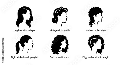Foto Diverse Hairstyles Collection, Vector Silhouettes: Long Hair, Vintage Rolls, Mul