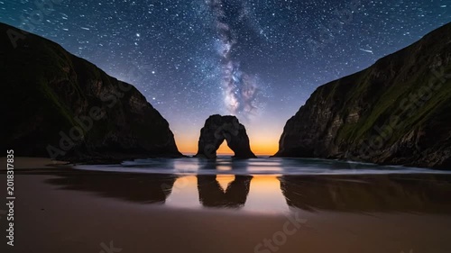 Time-lapse of the sun setting at a beach with a rock archway, revealing the milky way in the night sky