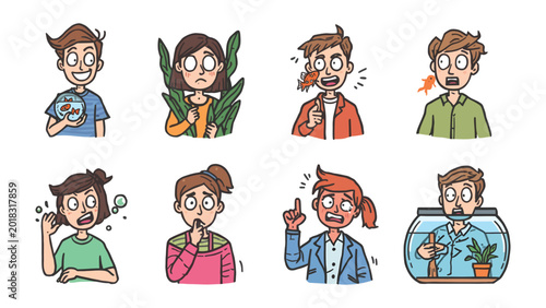 Canvas-taulu Diverse Emotions Illustrated: A collection of cartoon illustrations depicting various emotional reactions and expressions of people in different situations, showing surprise, shock, and worry