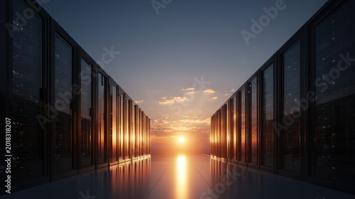 Data center at sunset with parallel lines and reflection 