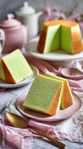 Pandan Chiffon Cake Slices with Tea Set