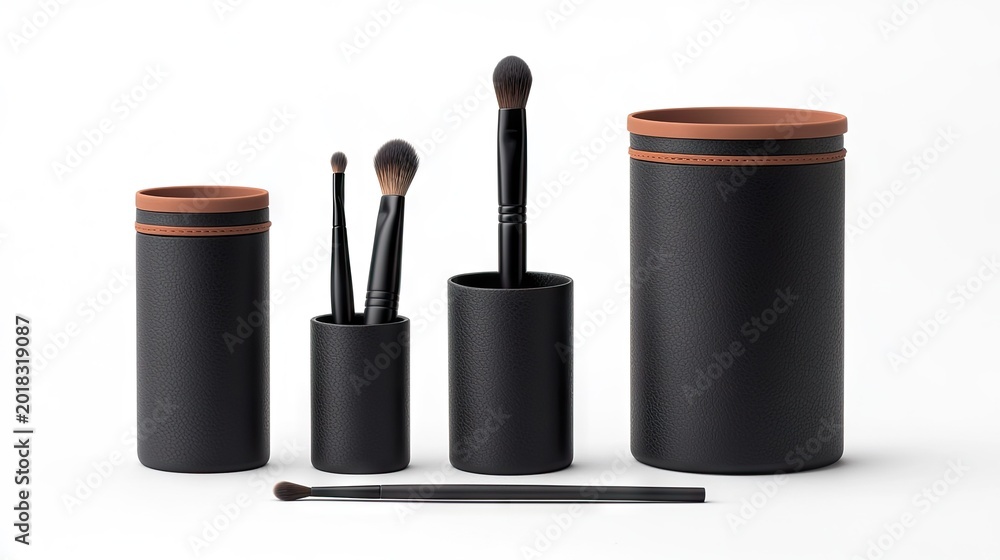 Obraz premium Collection of cylindrical cosmetic brush holders and assorted application tools displayed against a white background