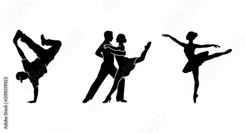 Tableau sur toile Diverse Dance Silhouettes: Breakdancing, Ballroom, Ballet Icons, Vector Set for