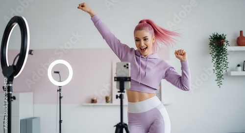 明るいリングライトの下でピンク髪の女性がエネルギッシュに舞い楽しげな笑顔でSNS向け動画コンテンツを撮影する姿. AI Generated