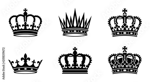 Photography Royal Crown Icons Set, Majestic Regal Headwear Vector Collection, Heraldic Symbo