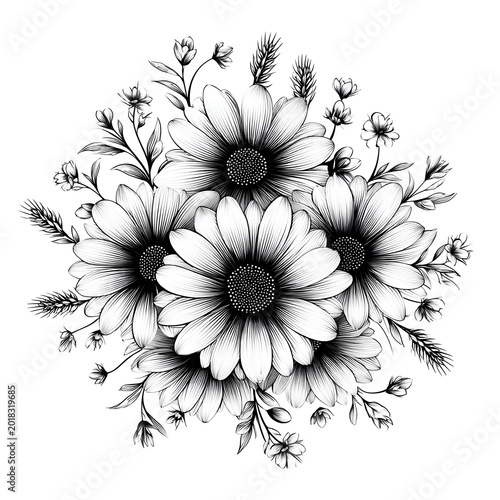 Elegant oval arrangement of daisies with various small flowers and green accents on white background