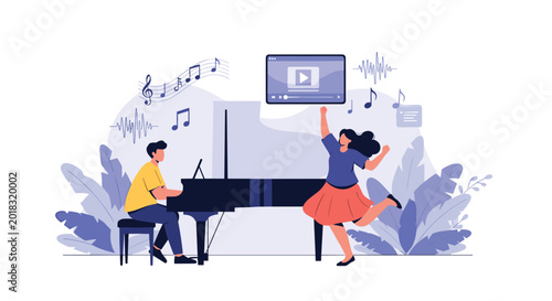 Talented musical duo performing together with a man playing the grand piano and a woman dancing gracefully to the melodic notes and rhythm.