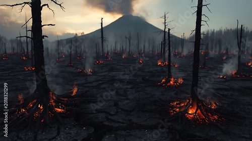 Photorealistic CGI Scene of Ash-Covered Forest Destruction Around Mount Merapi