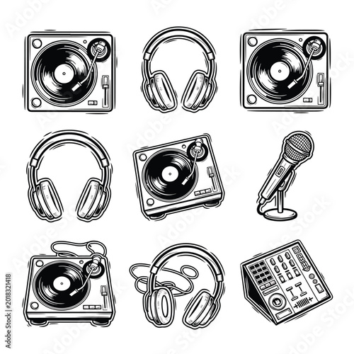 Set of hand drawn music production equipment and DJ gear icons.