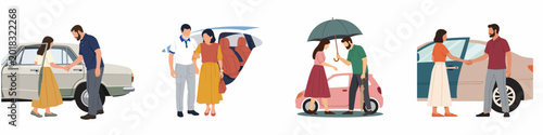 Tableau sur toile Set of illustrations showing gentlemanly conduct and chivalry towards women and elderly during car travel including opening doors and holding an umbrella