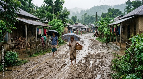 Rural Village Muddy Road During Rainy Weather Scene
