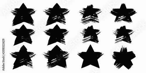 Black brushstroke star shapes collection of nine isolated designs